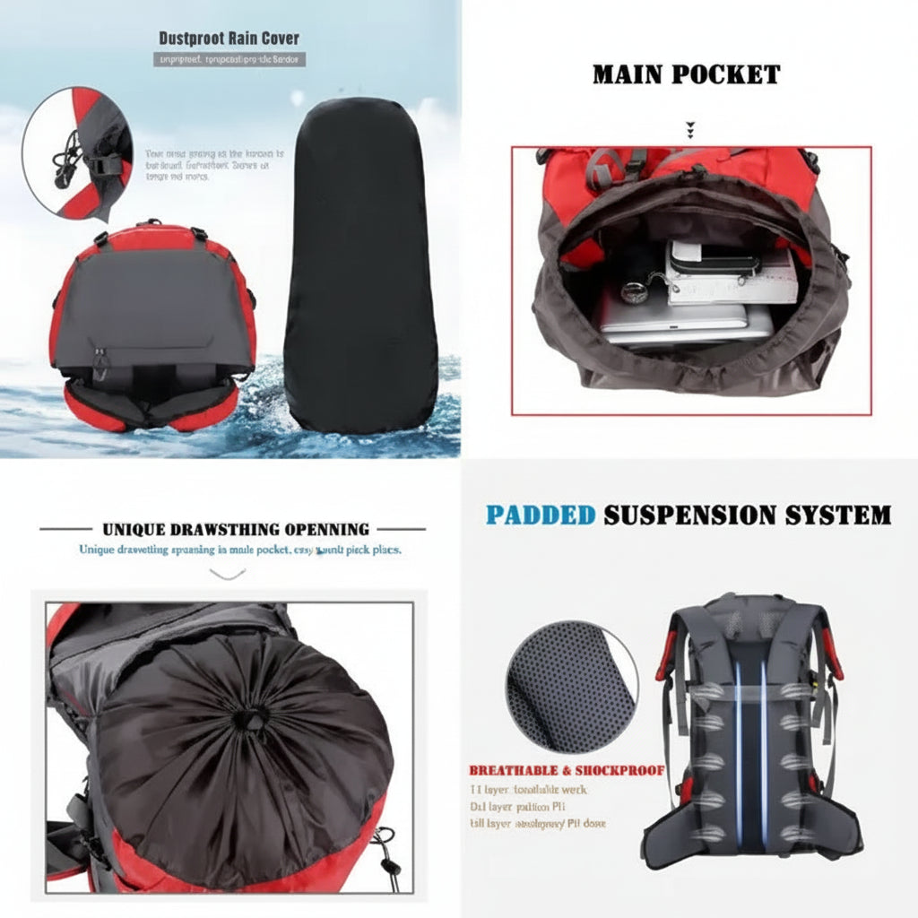 60L Water Resistant Camping Backpack With Rain Cover