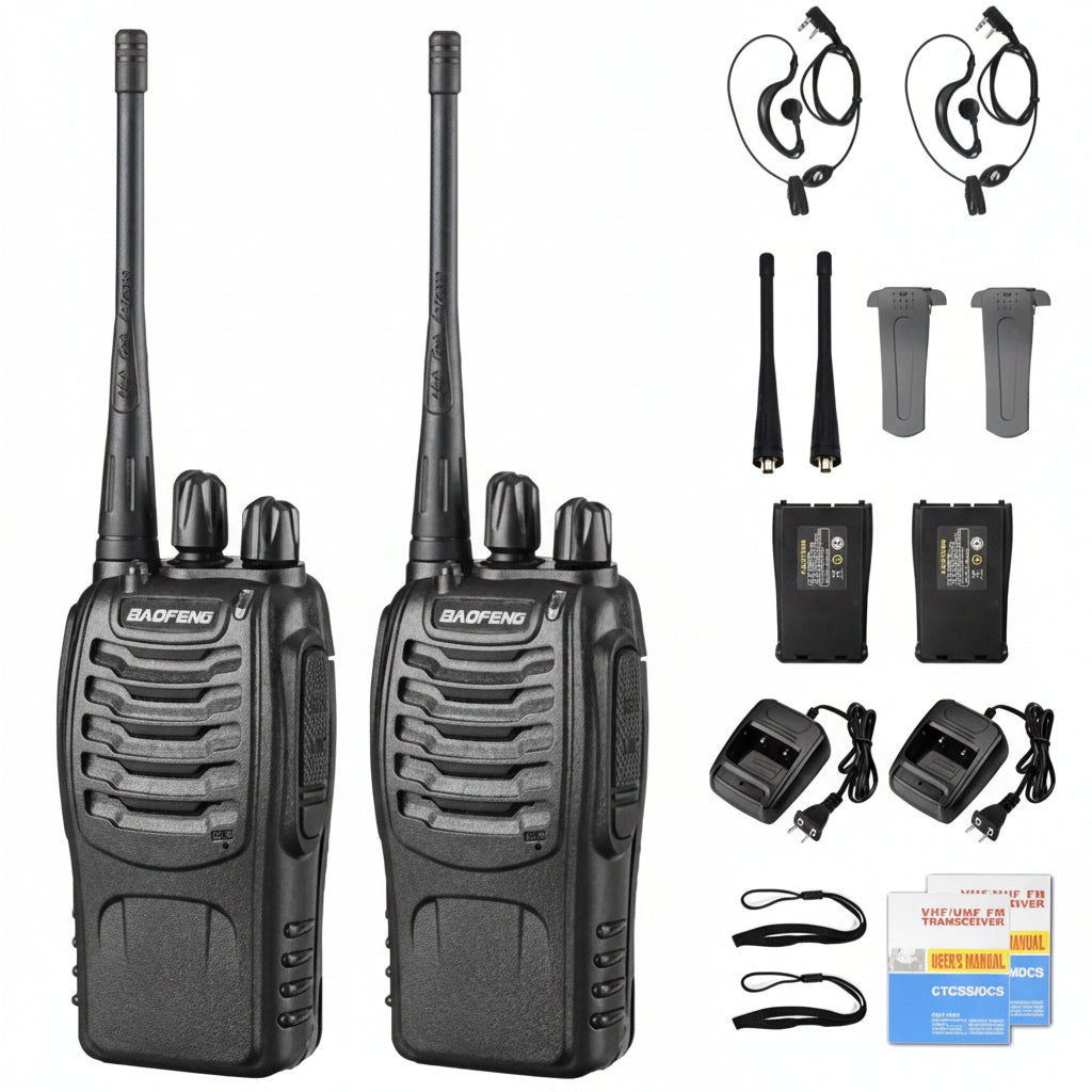 Long Range Walkie Talkies-Earpiece & LED Flashlight 2 Pack Black