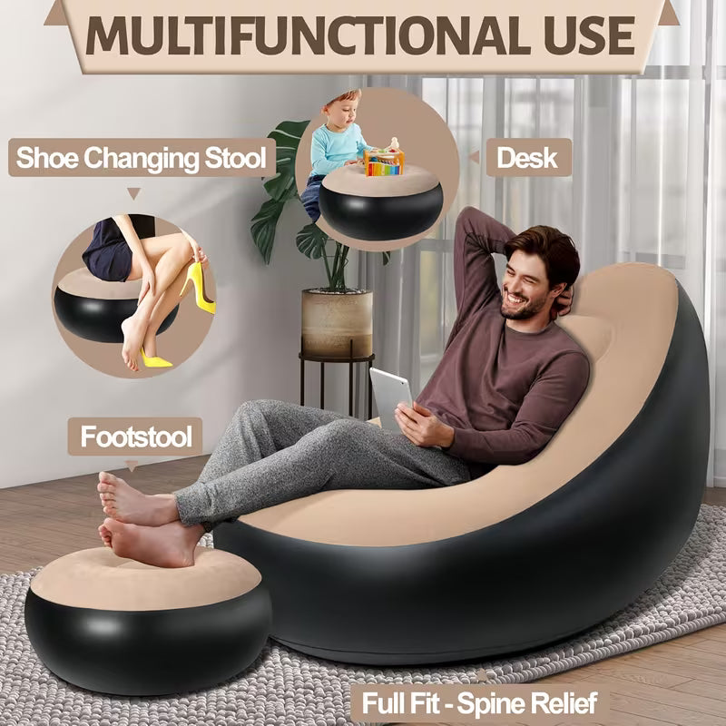 Inflatable Lounge Chair with Foot Stool – Portable Lazy Sofa