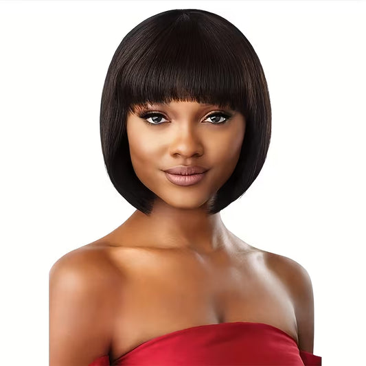 20.32cm Short Bob Synthetic Wig – Straight Brown Heat-Resistant Fiber Wig with Bangs