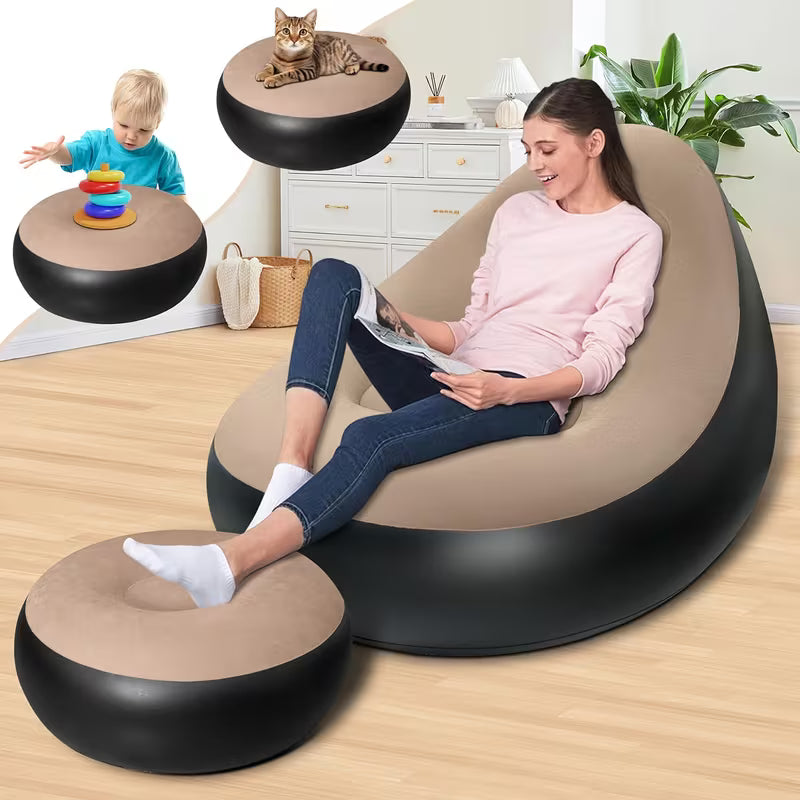 Inflatable Lounge Chair with Foot Stool – Portable Lazy Sofa