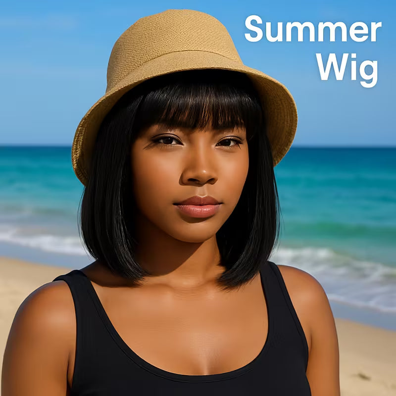 25.4 cm Straight Human Hair Wig – Natural Black 1B