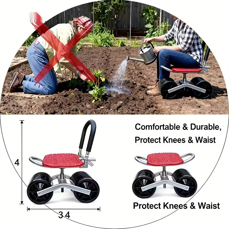 Gardening Stool with Wheels | Rolling Garden Workbench Chair with Casters | Adjustable & No Assembly Required