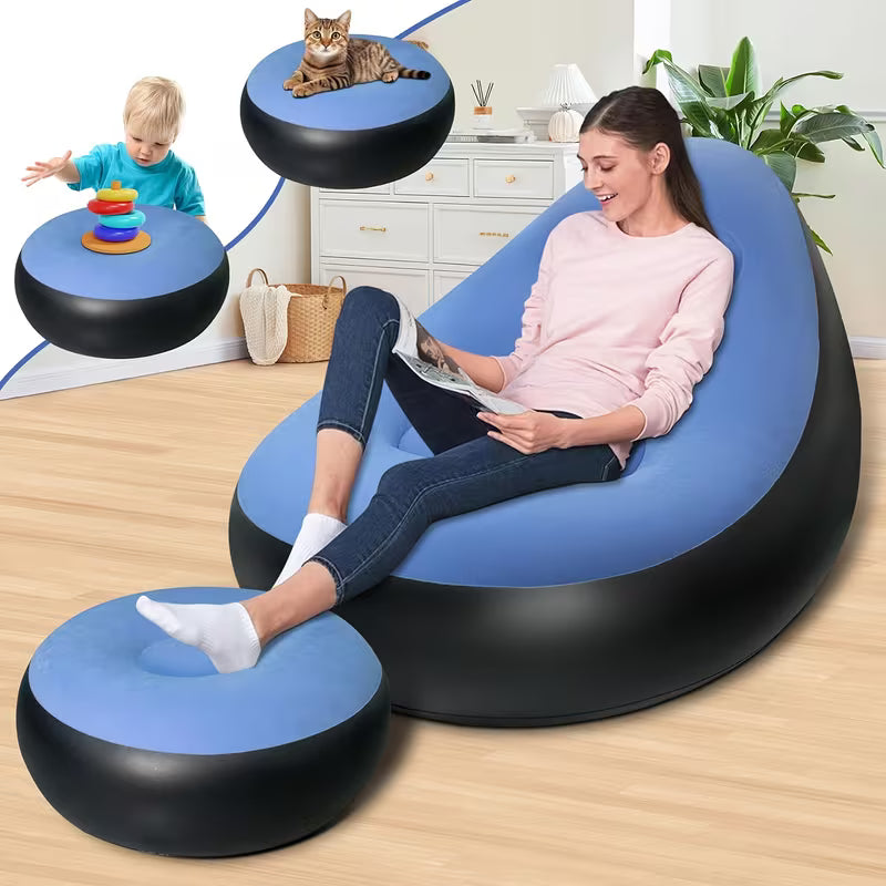Inflatable Lounge Chair with Foot Stool – Portable Lazy Sofa