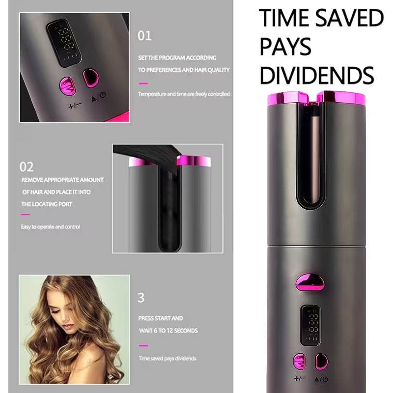 USB Wireless Auto Hair Curler with LCD – 6 Temp Settings