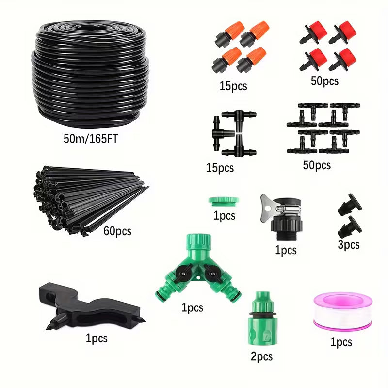 201pcs Garden Drip Irrigation Kit 50M | DIY Water-Saving Irrigation System for Garden, Patio, Greenhouse & Lawn
