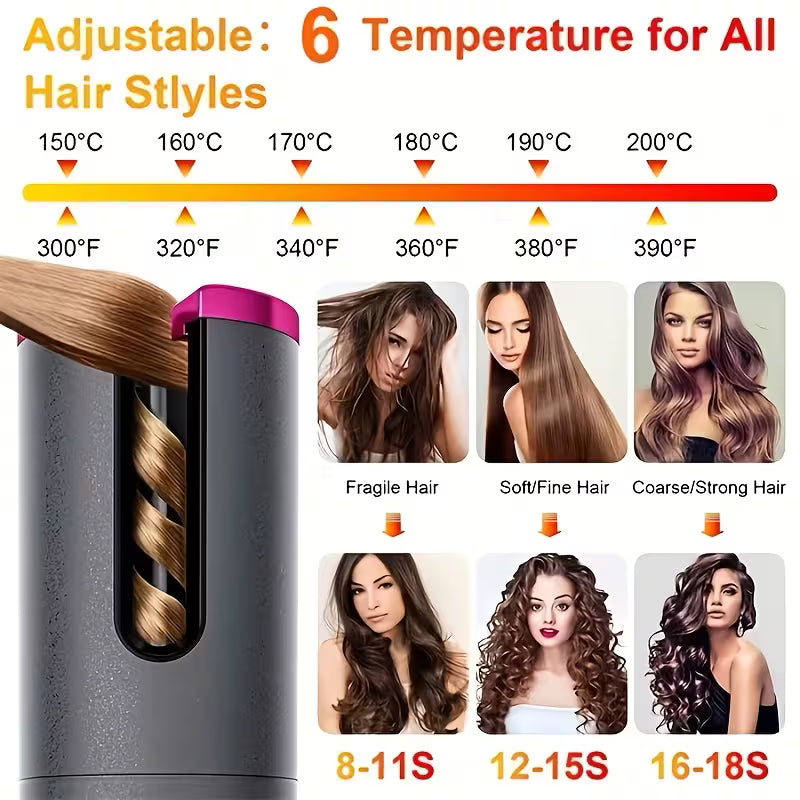USB Wireless Auto Hair Curler with LCD – 6 Temp Settings