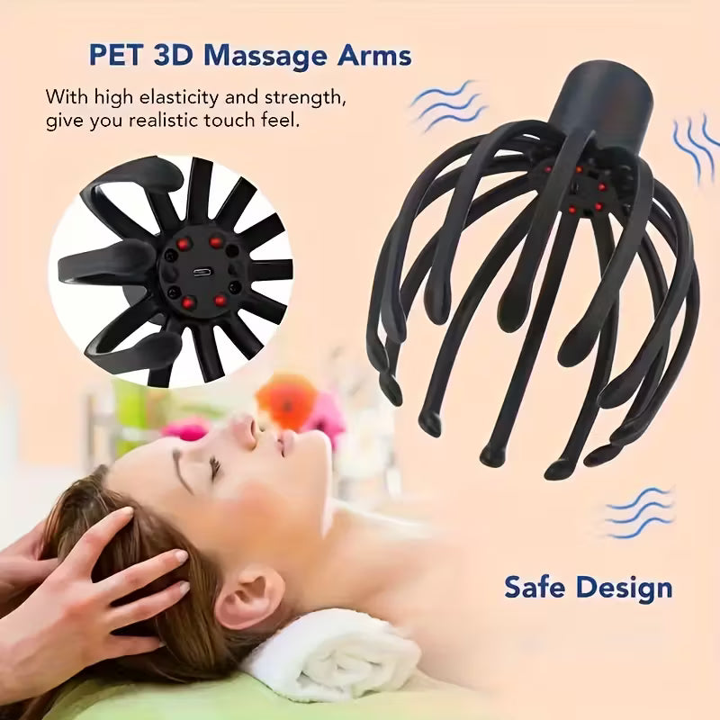 USB Rechargeable 3-Speed Electric Octopus Scalp Massager for Portable Stress Relief.
