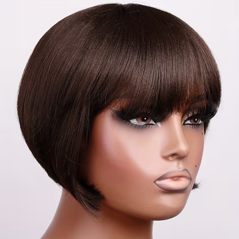 20.32cm Short Bob Synthetic Wig – Straight Brown Heat-Resistant Fiber Wig with Bangs