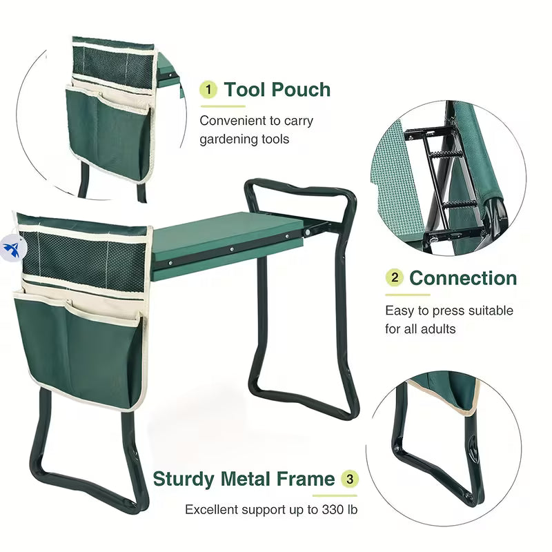 Foldable Garden Kneeler Seat & Bench | Portable Stool Chair with Tool Pouch | Durable Green Cast Iron