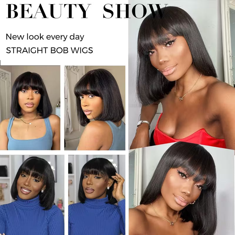 25.4 cm Straight Human Hair Wig – Natural Black 1B