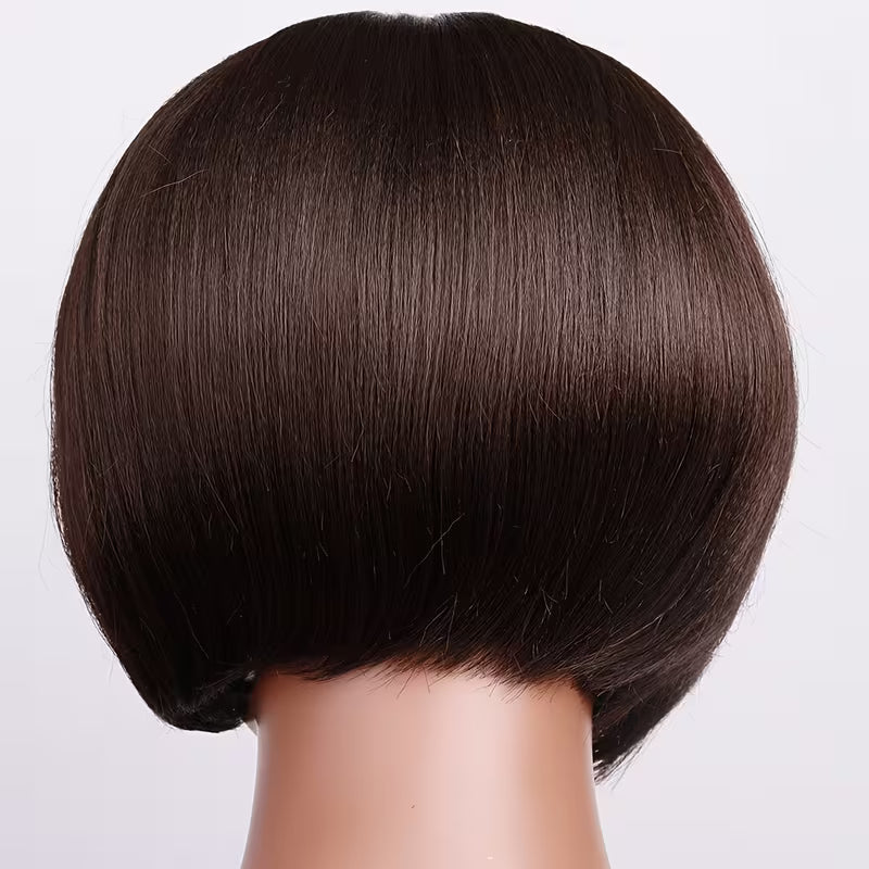 20.32cm Short Bob Synthetic Wig – Straight Brown Heat-Resistant Fiber Wig with Bangs
