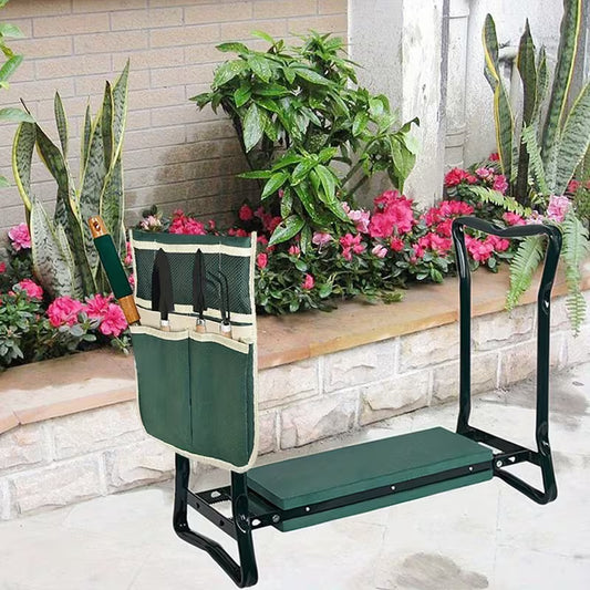 Foldable Garden Kneeler Seat & Bench | Portable Stool Chair with Tool Pouch | Durable Green Cast Iron