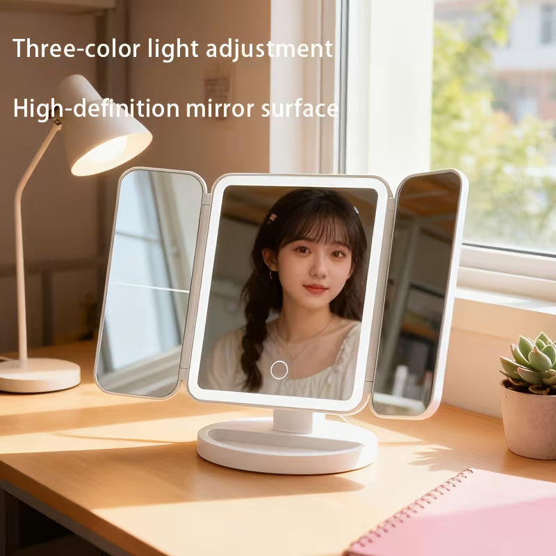 Tri-Fold LED Vanity Mirror – 360° Rotation & Dimmable Lights