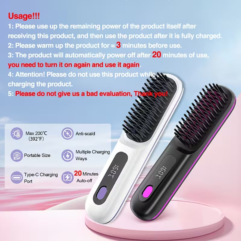 Cordless Hair Straightener Brush – Rapid Heating, Travel-Friendly Styling Tool