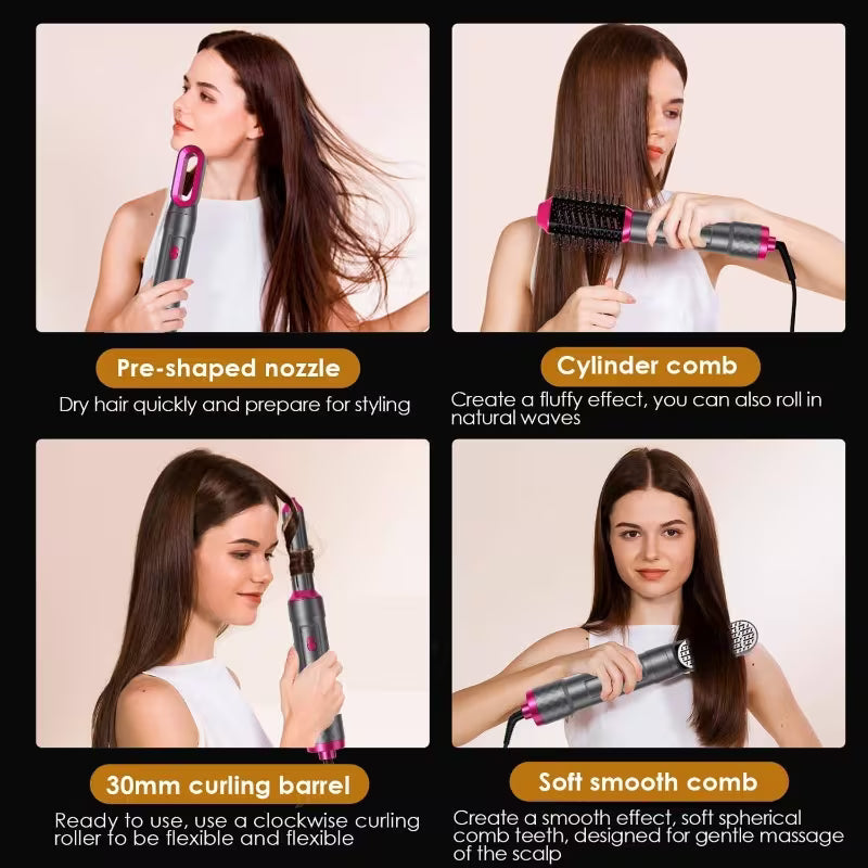 5-in-1 Hair Styler – 1000W Hot Air Dryer Brush & Rotating Hair Wrap Set