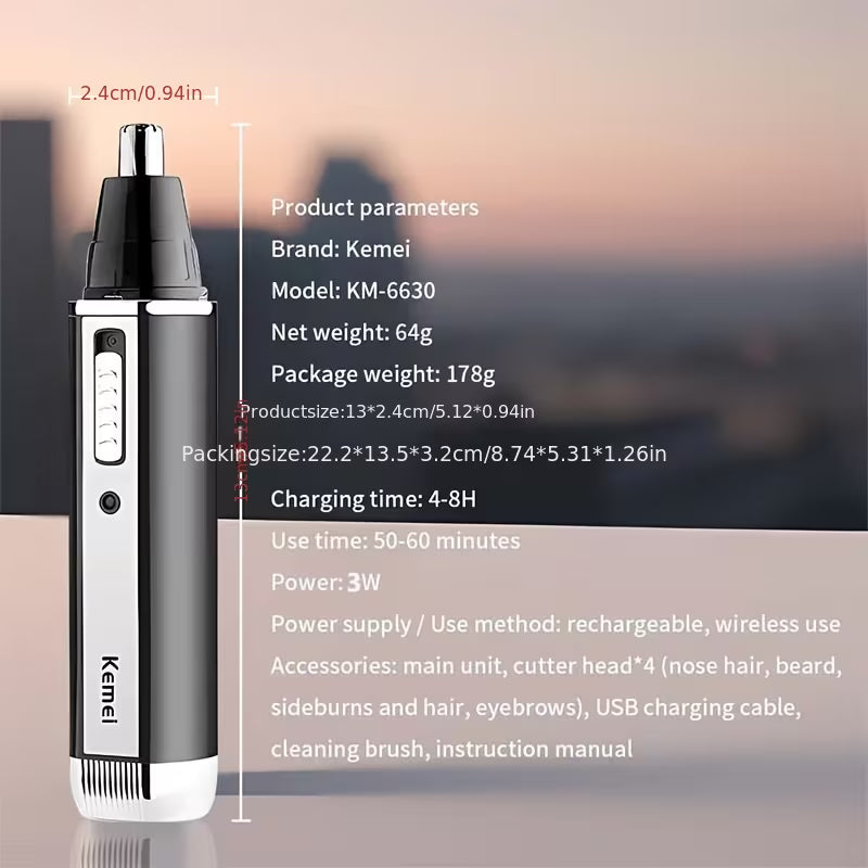 KM-6630 4-in-1 Rechargeable Nose & Ear Hair Trimmer for Men – Professional Grooming Tool