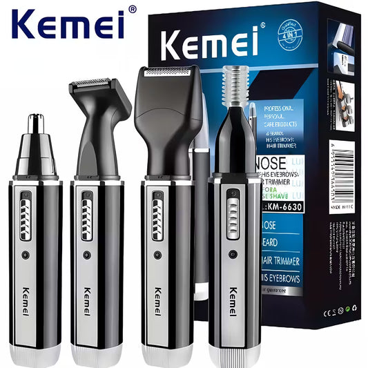 KM-6630 4-in-1 Rechargeable Nose & Ear Hair Trimmer for Men – Professional Grooming Tool