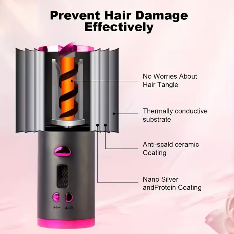 USB Wireless Auto Hair Curler with LCD – 6 Temp Settings