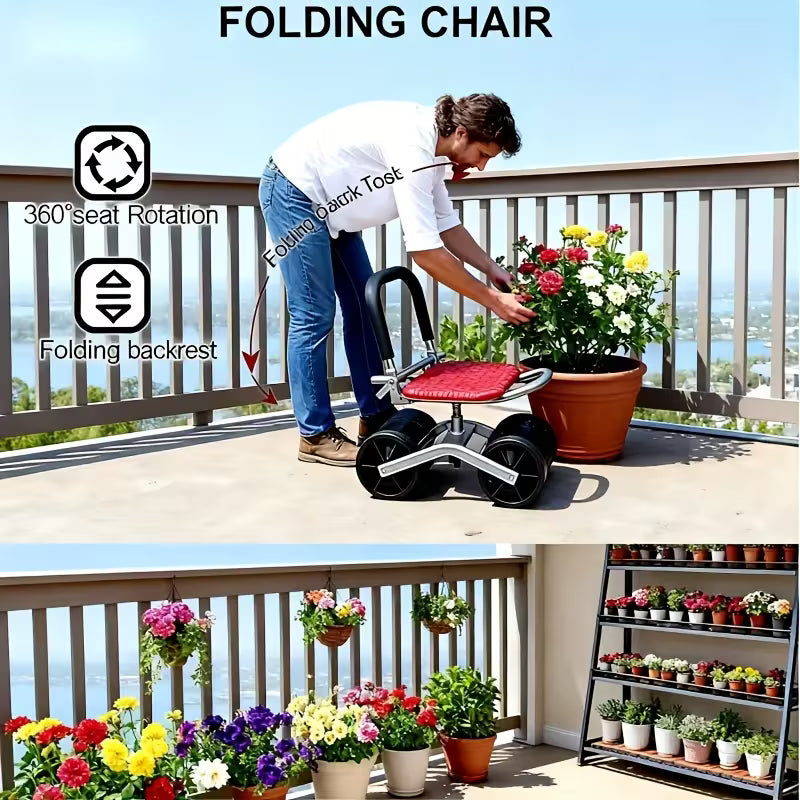 Gardening Stool with Wheels | Rolling Garden Workbench Chair with Casters | Adjustable & No Assembly Required