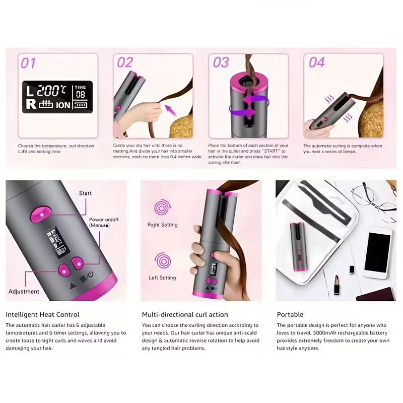 USB-C Wireless Automatic Mini Curling Iron – Portable Rechargeable Hair Curler