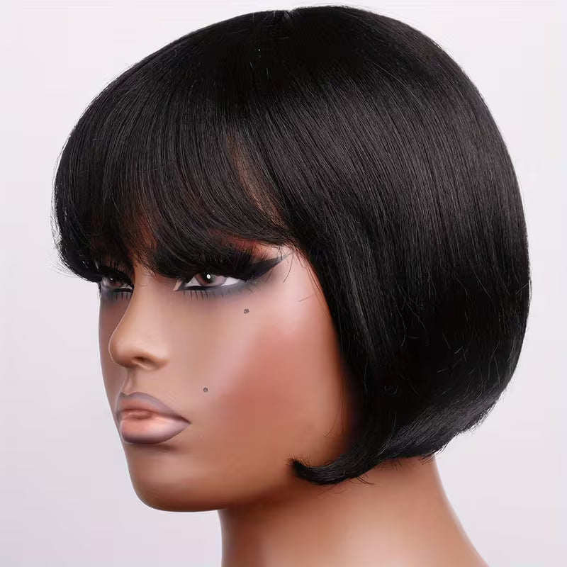 20.32cm Short Bob Synthetic Wig – Straight Brown Heat-Resistant Fiber Wig with Bangs