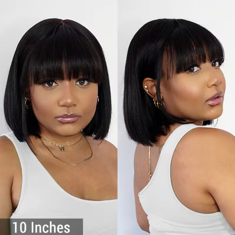 25.4 cm Straight Human Hair Wig – Natural Black 1B
