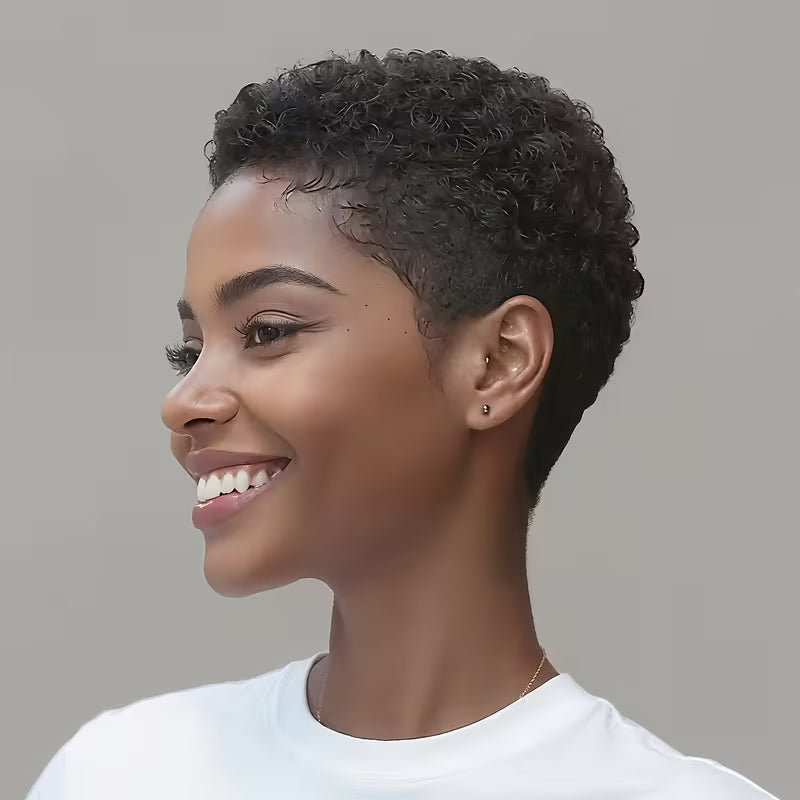 Glueless Pixie Cut Human Hair Wig – 8 Inch Kinky Curly