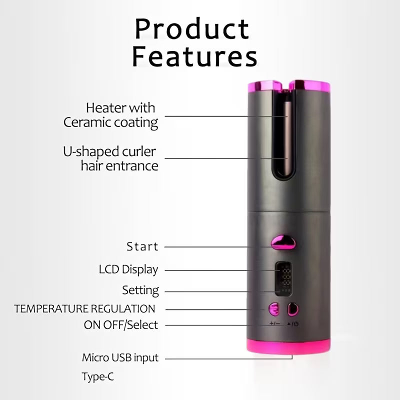 USB Wireless Auto Hair Curler with LCD – 6 Temp Settings