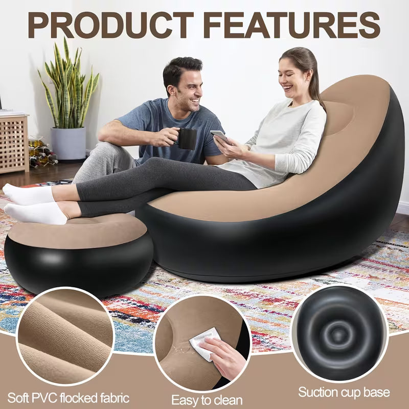 Inflatable Lounge Chair with Foot Stool – Portable Lazy Sofa