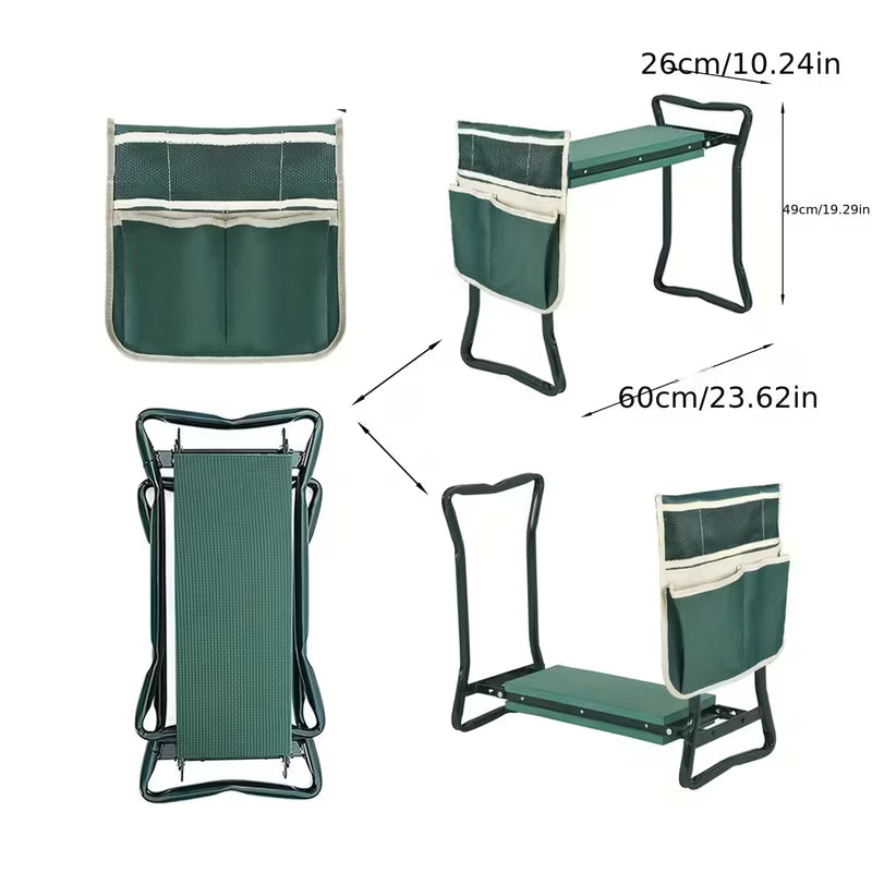 Foldable Garden Kneeler Seat & Bench | Portable Stool Chair with Tool Pouch | Durable Green Cast Iron