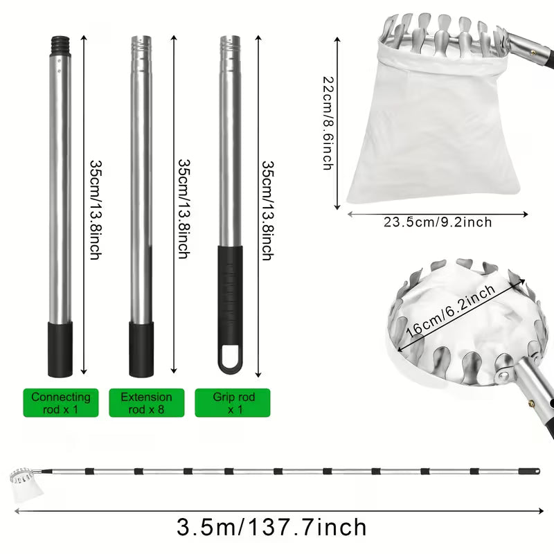 3.35m Telescopic Fruit Picker Pole with Basket – Adjustable Stainless Steel
