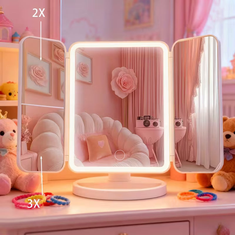 Tri-Fold LED Vanity Mirror – 360° Rotation & Dimmable Lights