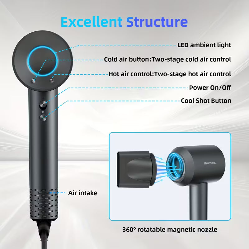 Advanced Ionic Hair Dryer – Rapid Drying with Magnetic Styling Attachments