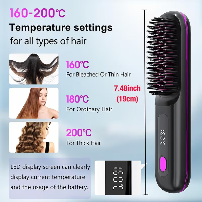 Cordless Hair Straightener Brush – Rapid Heating, Travel-Friendly Styling Tool