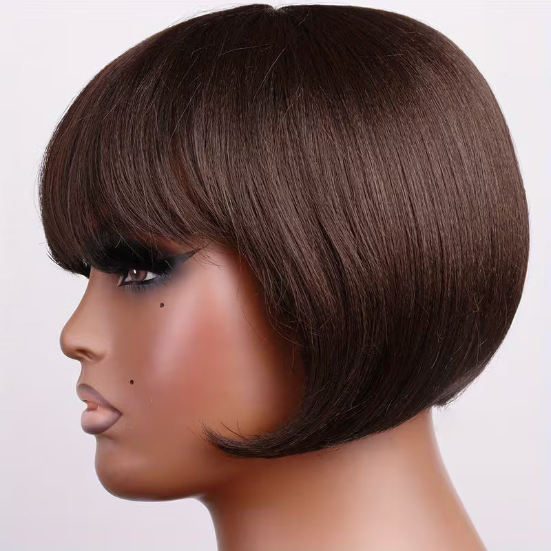 20.32cm Short Bob Synthetic Wig – Straight Brown Heat-Resistant Fiber Wig with Bangs
