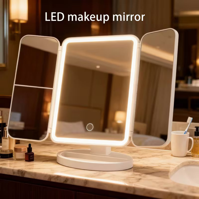 Tri-Fold LED Vanity Mirror – 360° Rotation & Dimmable Lights