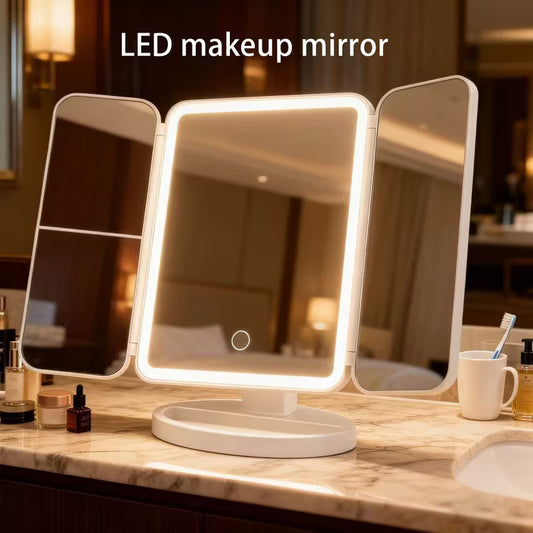 Tri-Fold LED Vanity Mirror – 360° Rotation & Dimmable Lights