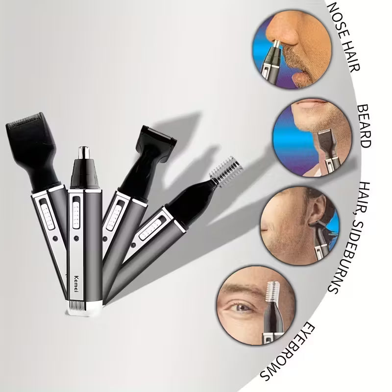 KM-6630 4-in-1 Rechargeable Nose & Ear Hair Trimmer for Men – Professional Grooming Tool