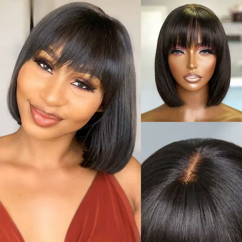 25.4 cm Straight Human Hair Wig – Natural Black 1B
