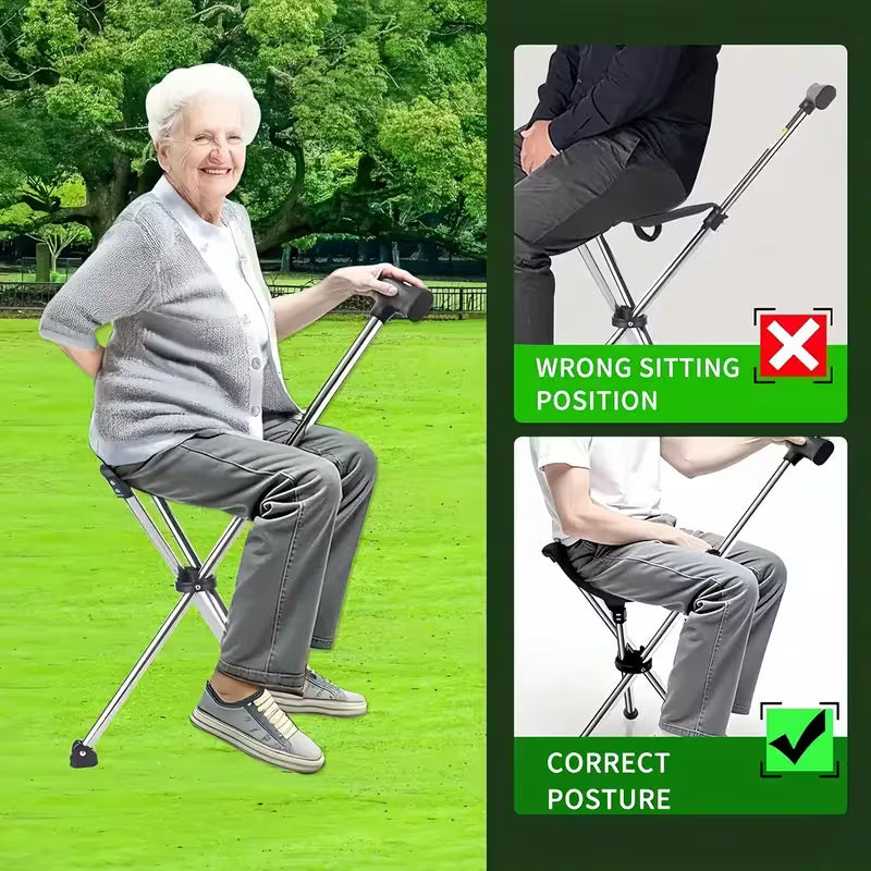 2-in-1 Folding Cane & Stool – Portable Walking Stick Seat (149.69KG)