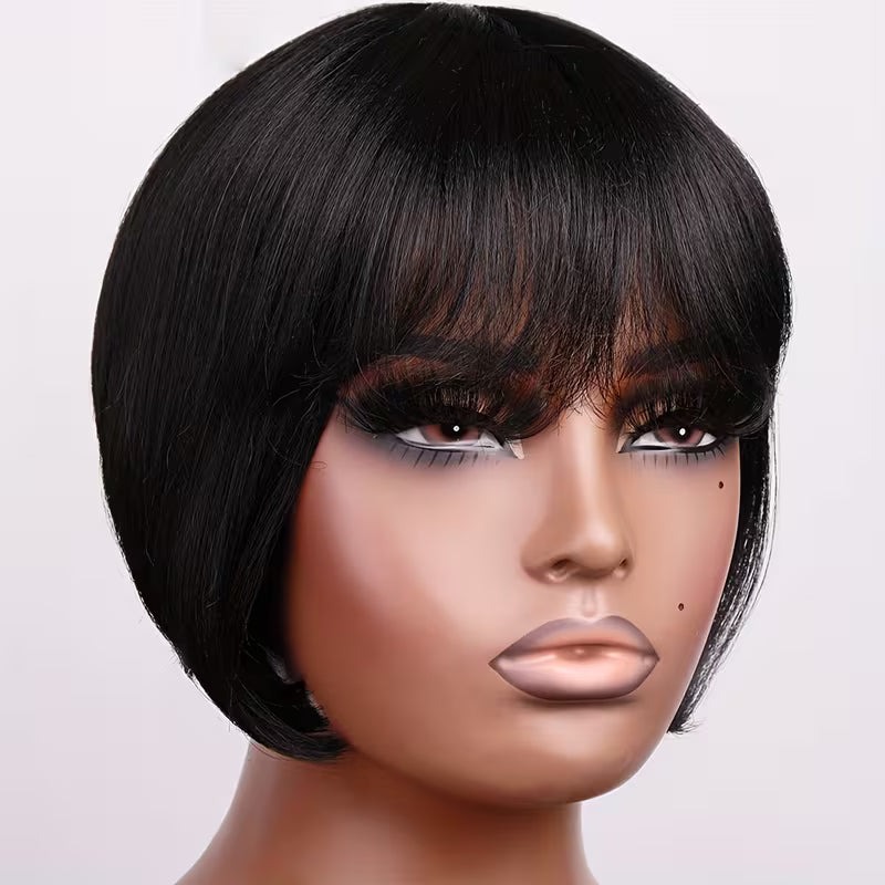 20.32cm Short Bob Synthetic Wig – Straight Brown Heat-Resistant Fiber Wig with Bangs
