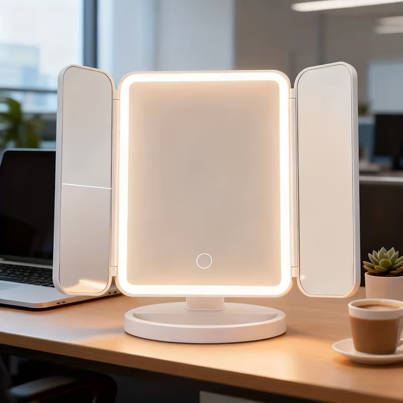 Tri-Fold LED Vanity Mirror – 360° Rotation & Dimmable Lights