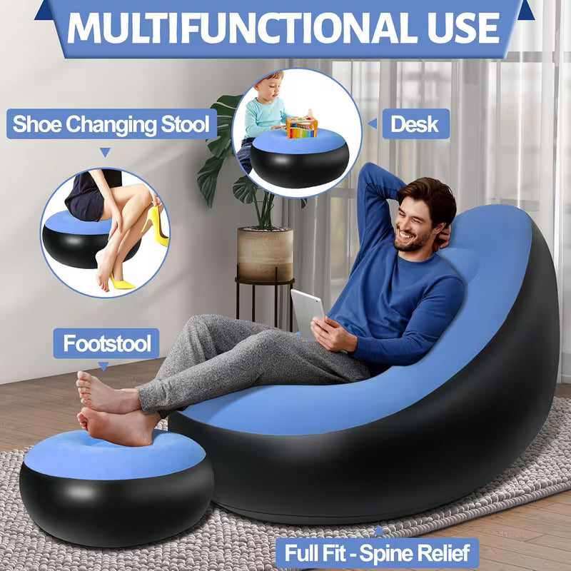 Inflatable Lounge Chair with Foot Stool – Portable Lazy Sofa