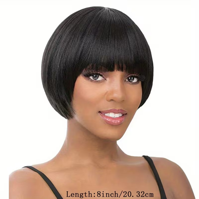 20.32cm Short Bob Synthetic Wig – Straight Brown Heat-Resistant Fiber Wig with Bangs
