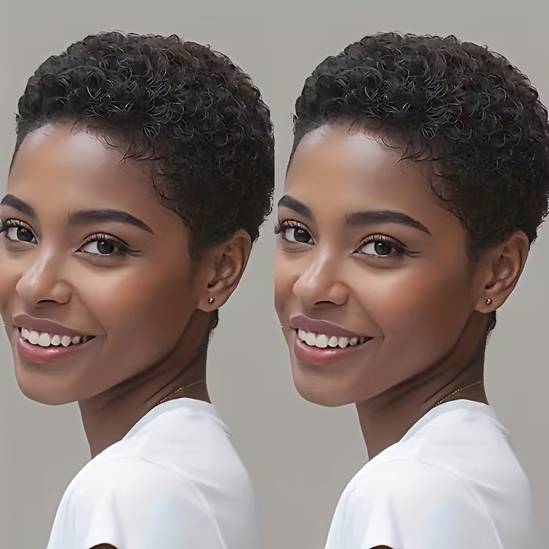 Glueless Pixie Cut Human Hair Wig – 8 Inch Kinky Curly