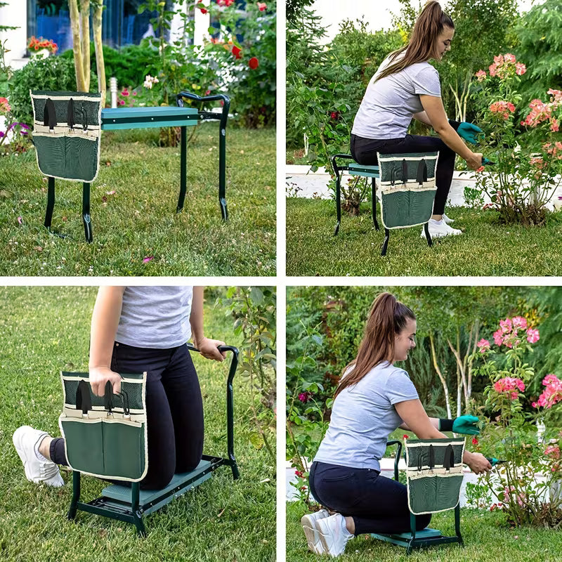 Foldable Garden Kneeler Seat & Bench | Portable Stool Chair with Tool Pouch | Durable Green Cast Iron