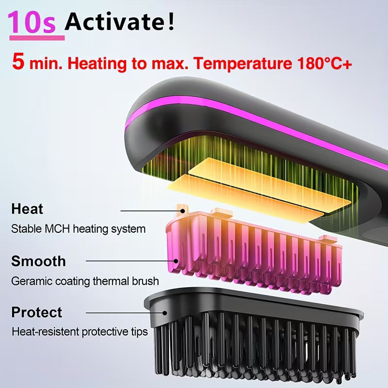Cordless Hair Straightener Brush – Rapid Heating, Travel-Friendly Styling Tool