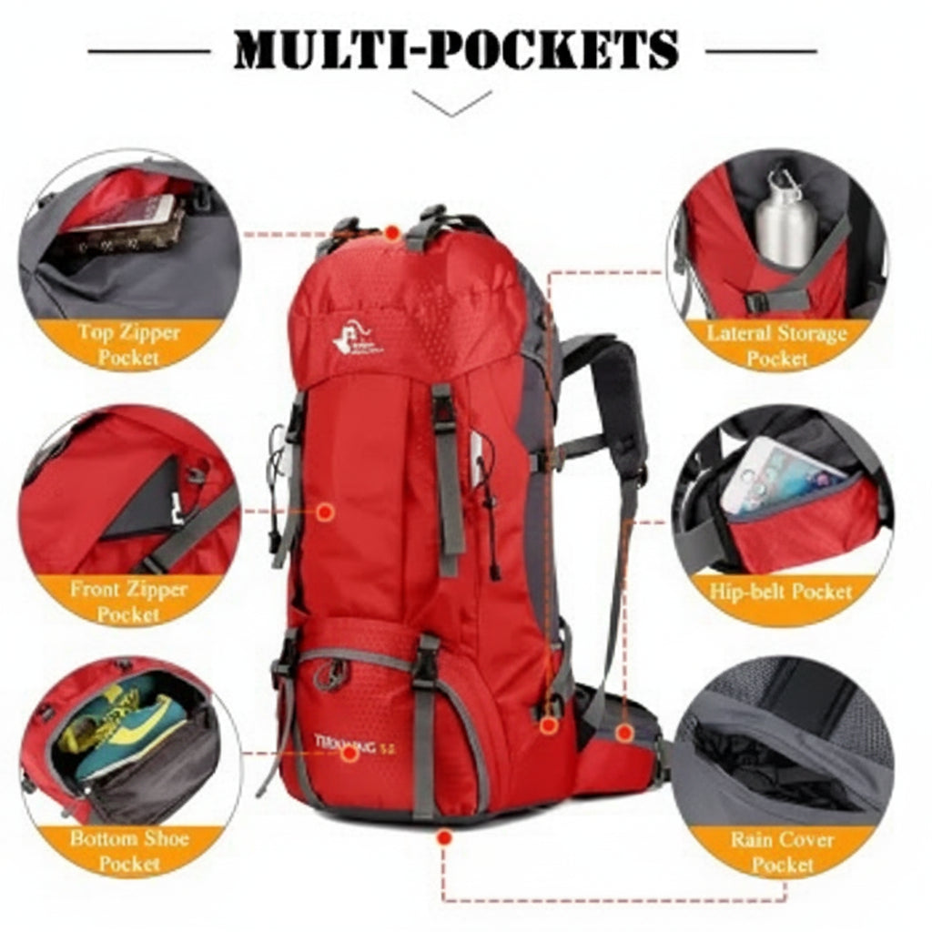60L Water Resistant Camping Backpack With Rain Cover