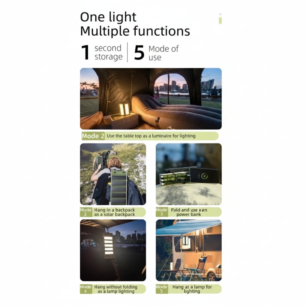 3-in-1 Solar Camping Light with Power Bank and USB-C Charging